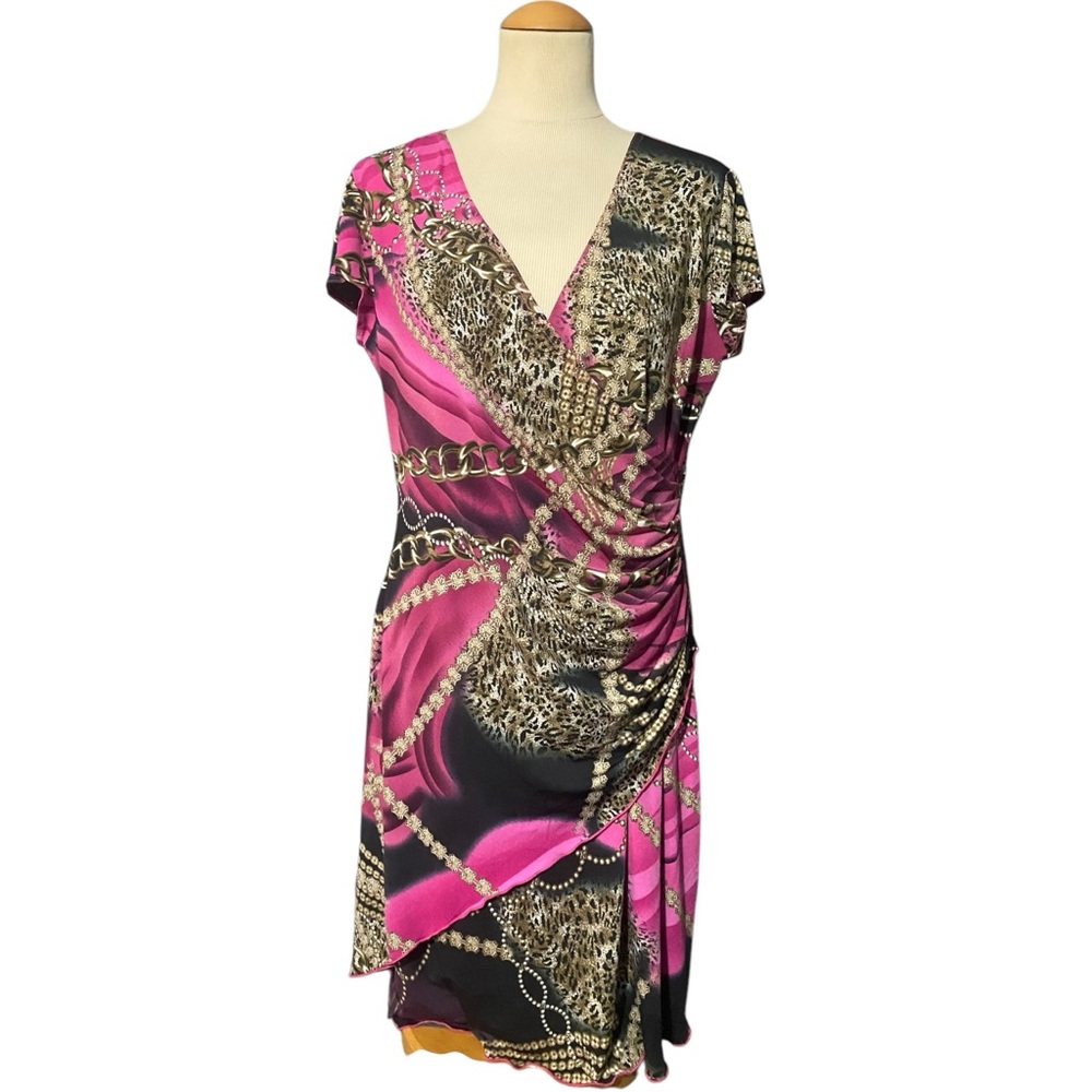 Joseph Ribkoff Vintage Y2K Chains Cheetah Ruched Dress Pink Brown Size 14